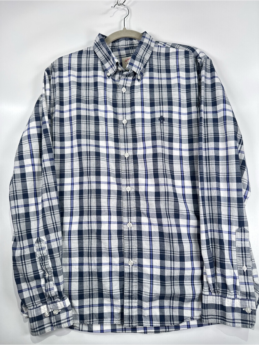 Brooks Brothers Red Fleece Plaid Button Down Shirt Cotton Navy Light Blue L - Picture 2 of 10